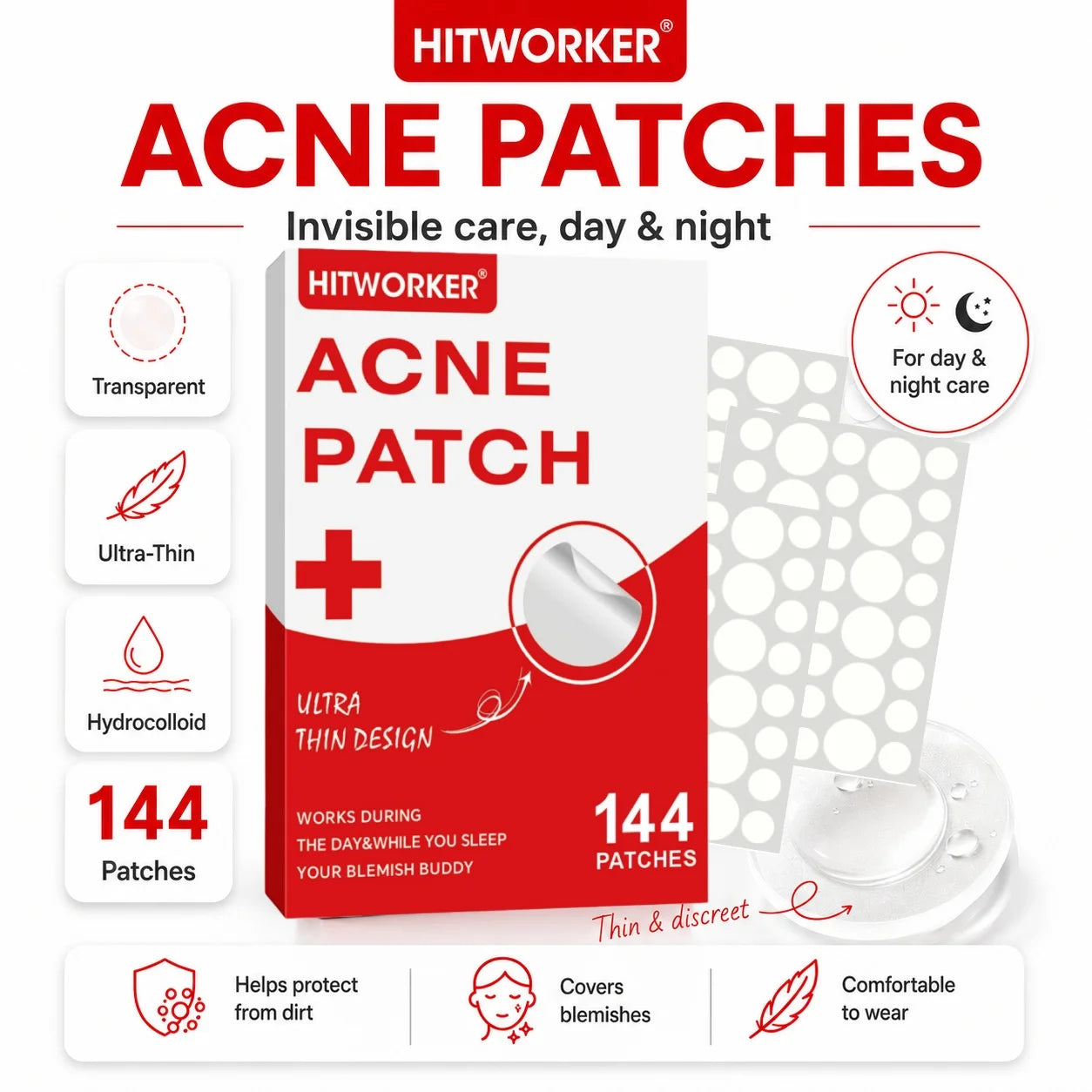144Pcs Hydrocolloid Acne Pimple Patches, Invisible Blemish Spot Cover Stickers, Skin Friendly Absorbing Acne Patches for Facial